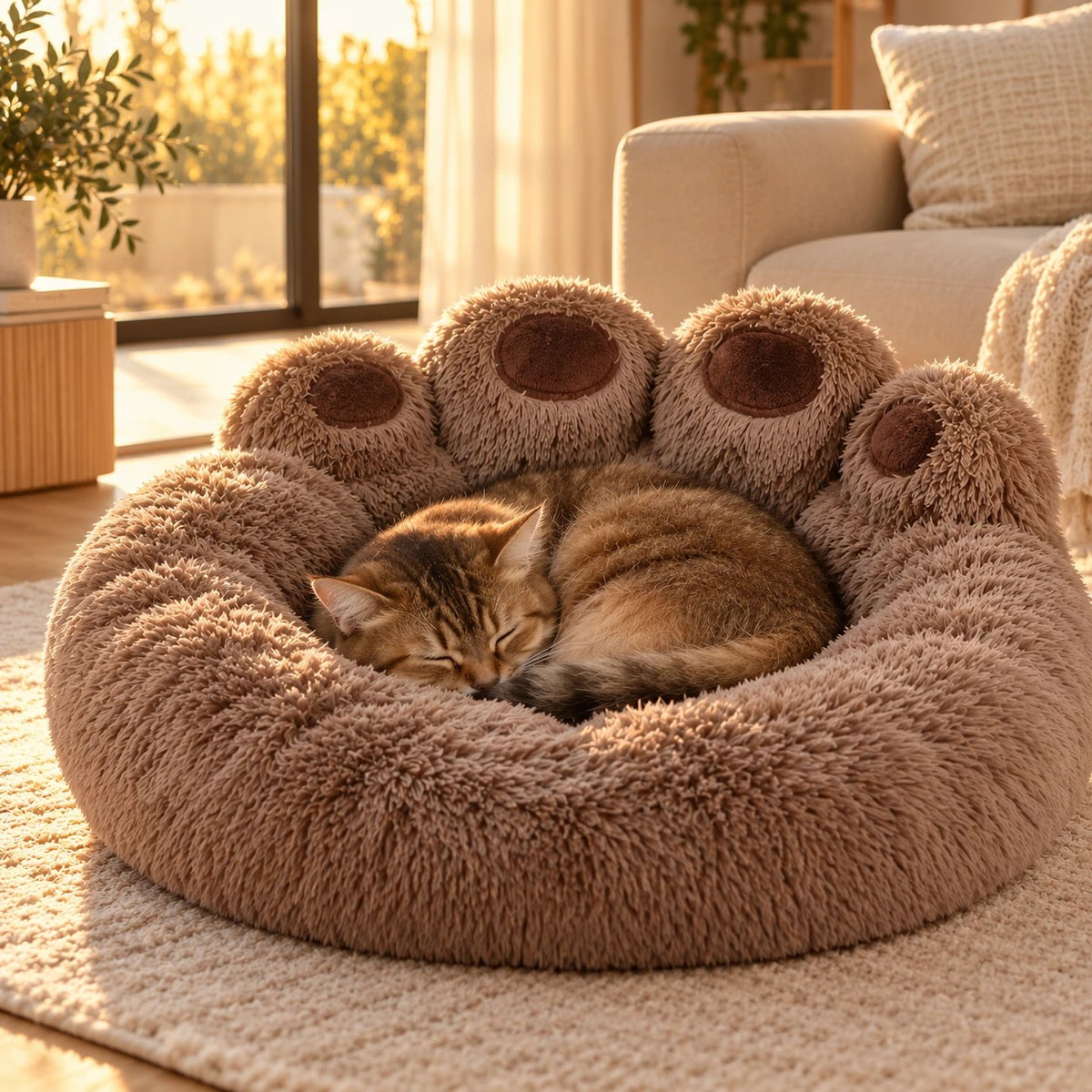 Cama Patita Solena café con un gato durmiendo
