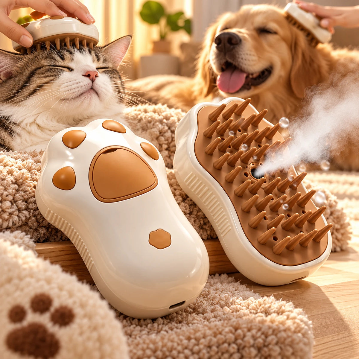 Gato y perro disfrutando del Cepillo Patita 3 en 1